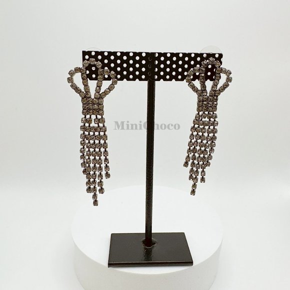 Black Rhinestone Crown Top Fringe Earrings - Picture 4 of 8